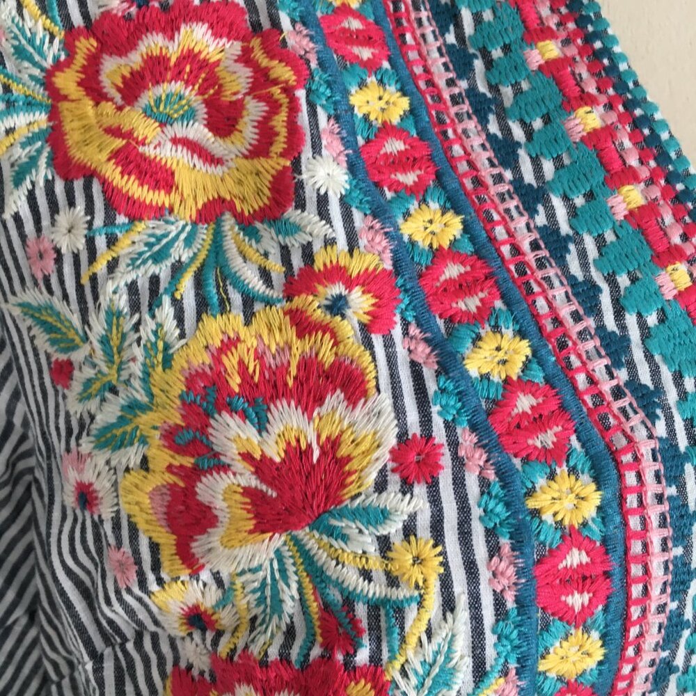SAVANNAH JANE Striped Multicolor Floral Embroidery 3/4 Sleeve Shirt - Picture 7 of 10